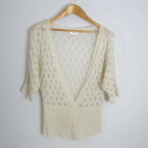 Vtg Ann Taylor LOFT Womens M Ivory Mohair Wool Lace Knit Beaded Cardigan Sweater